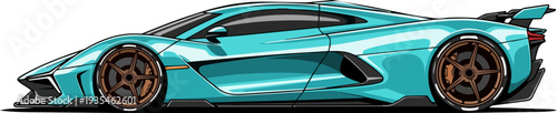 A sleek, turquoise sports car with bronze wheels speeding on a road from a side view