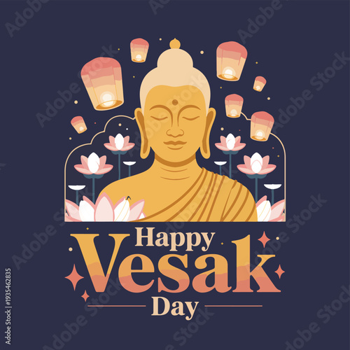 Golden Buddha face with lotus flowers and sky lanterns Happy Vesak Day Buddhism Buddha Purnima