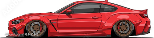 A high-performance red sports car is viewed from the side, showcasing its sleek design and vibrant color against a clean background.
