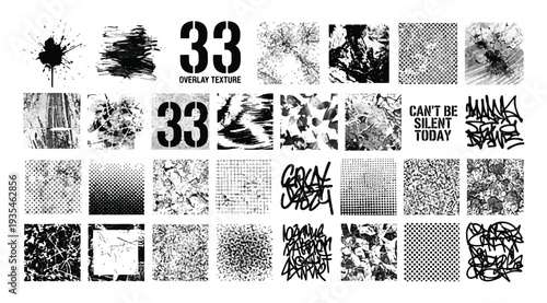 Collection of various black and white textures and graffiti patterns on white background