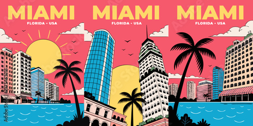 USA, US, U.S, United States - Set of cards “Miami skyline pink and turquoise sunset, clean vector illustration banner, card, flyer

