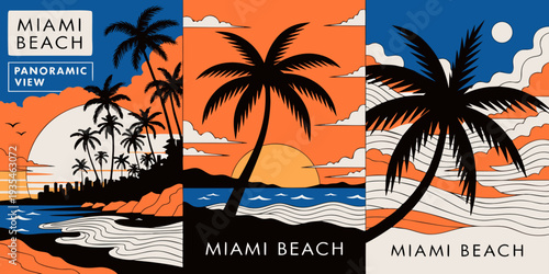USA, US, U.S, United States - Set of cards “Palm trees silhouette against Miami sunset sky, panoramic flat vector banner, card, flyer

