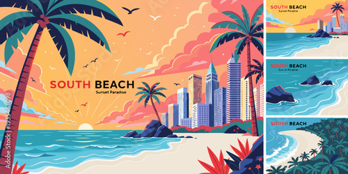 USA, US, U.S, United States - Set of cards “South Beach tropical sunset gradient skyline, panoramic vector banner banner, card, flyer

