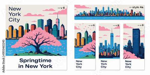 USA, US, U.S, United States - Set of cards “New York skyline spring cherry blossoms foreground, panoramic flat vector banner, card, flyer

