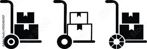 Delivery hand truck icon set, warehouse cart with boxes, logistics shipping trolley vector illustration