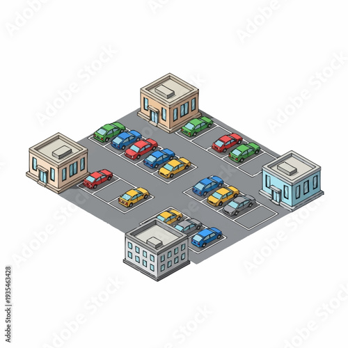 Isometric Parking Lot with Cars and Buildings.