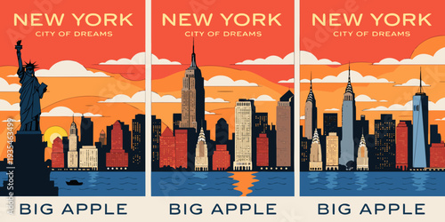 USA, US, U.S, United States - Set of New York City Skyline at Sunset with Statue of Liberty Silhouette – Warm Orange Gradient Ultra‑Wide Panoramic Flat Vector Illustration | Iconic NYC Banner, Card & 