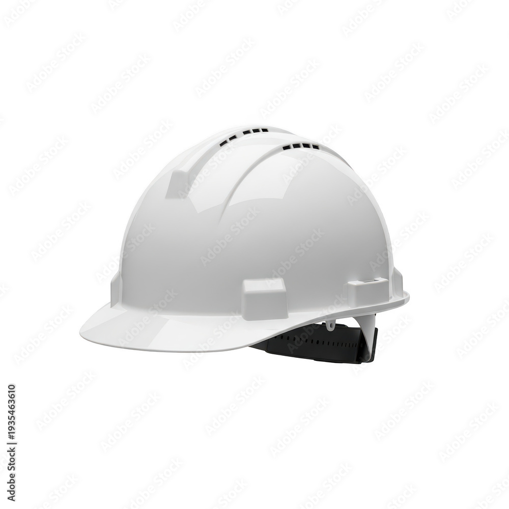 Fototapeta premium A white construction helmet with a black adjustable headband and chin strap. isolated on transparent background