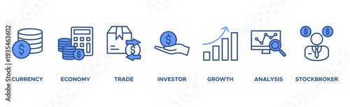 Forex banner web icon vector illustration concept with icon of currency, economy, trade, investor, growth, analysis and stockbroker