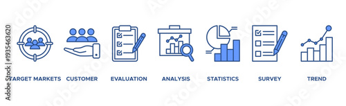Market research banner web icon vector illustration concept with icon of target markets, customer, evaluation, analysis, statistics, survey and trend