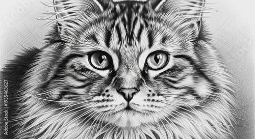 A detailed pencil drawing of a Maine Coon cat with a realistic and expressive face, set against a black and white background.