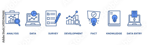 Research banner web icon vector illustration concept with icon of analysis, data, survey, development, fact, knowledge and data entry