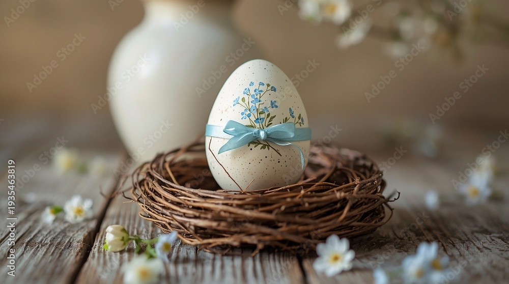 Obraz premium Hand-painted decorative Easter egg with blue floral design and ribbon resting in a rustic twig nest on a wooden table with scattered blossoms