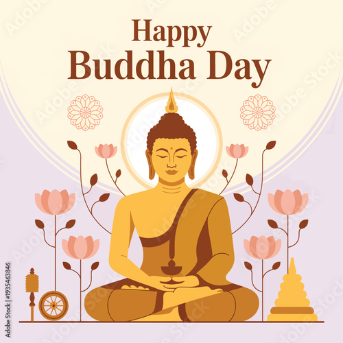 Golden Buddha meditating surrounded by pink lotus flowers and Buddhist symbols, Buddhist meditation