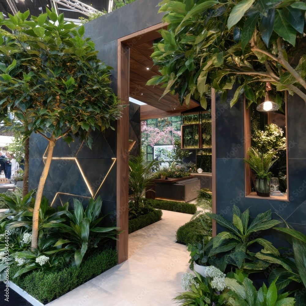 Fototapeta premium Tranquil indoor garden with modern design elements, lush greenery, and inviting natural light for relaxation and inspiration