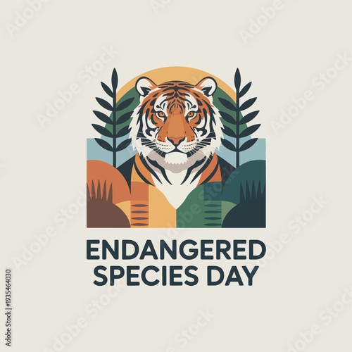 Stylized tiger portrait with foliage and endangered species day text animal wildlife conservation