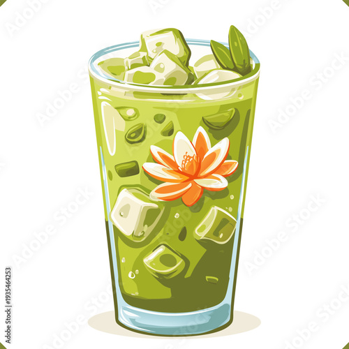 Vector illustration of iced matcha drink in tall glass with ice cubes, mint leaves and flower garnish, isolated on a white background
