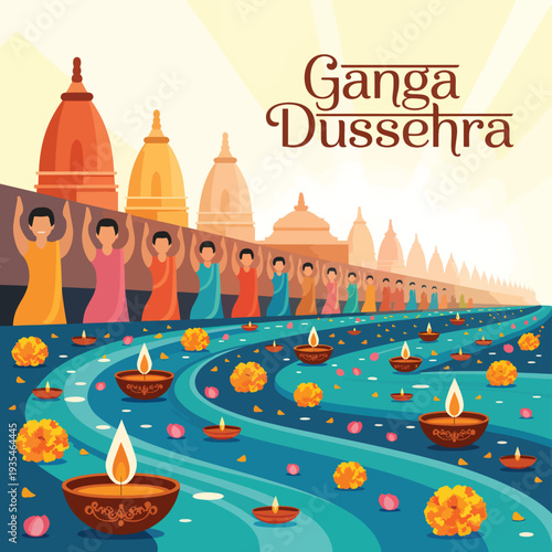 Ganga Dussehra festival celebration with diyas and flowers on the river in India, Hindu festival