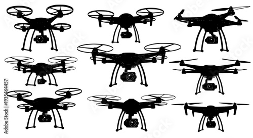 Professional Drone Silhouette Vector Set – Camera-Equipped UAVs for Technology & Aerial Filming EPS 10