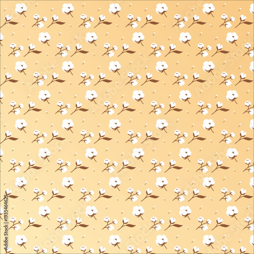 Cotton Flower Seamless Pattern with Warm Mustard Background