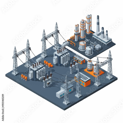 Wallpaper Mural Isometric Industrial Factory Complex with Towers and Machinery. Torontodigital.ca