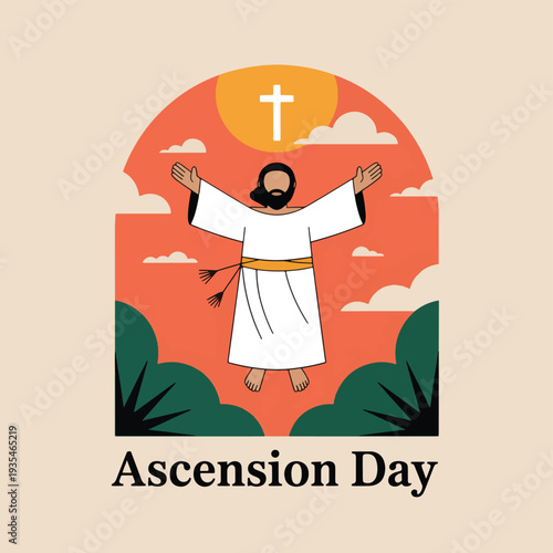 Jesus Christ with arms raised in a white robe against an orange sky and cross ascension religious