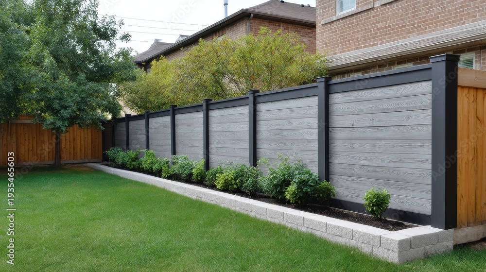 Fototapeta premium Modern Backyard with Stylish Wooden Fence, Lush Green Lawn, and Neatly Trimmed Shrubs Surrounded by Contemporary Homes
