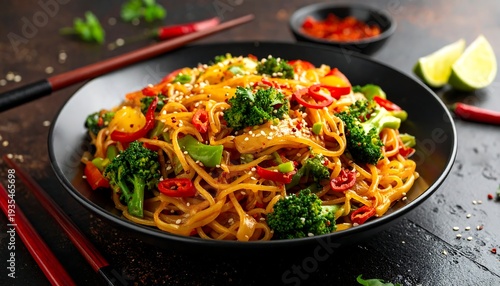 Colorful noodle stir-fry with veggies, sesame seeds, and chili peppers served in a black bowl with chopsticks