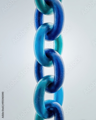 Blue and teal painted chain links vertical closeup with brushstroke texture for abstract background, design, pattern and industrial concept