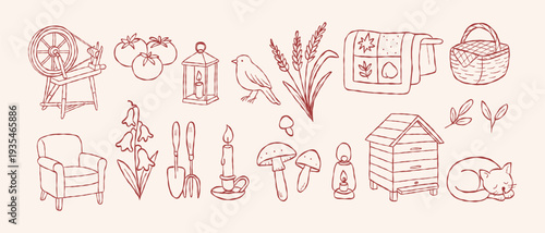 Vintage cottagecore vector set with spinning wheel beehive sleeping cat and handcrafted elements in hand drawn doodle line art style for rustic heritage design