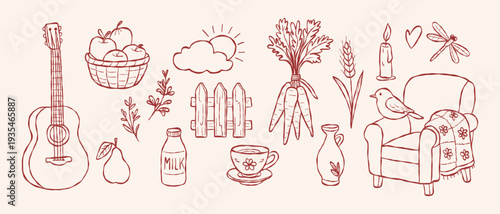 Cozy cottagecore lifestyle vector set with acoustic guitar apples fresh milk and armchair in hand drawn doodle line art style for rustic home branding design