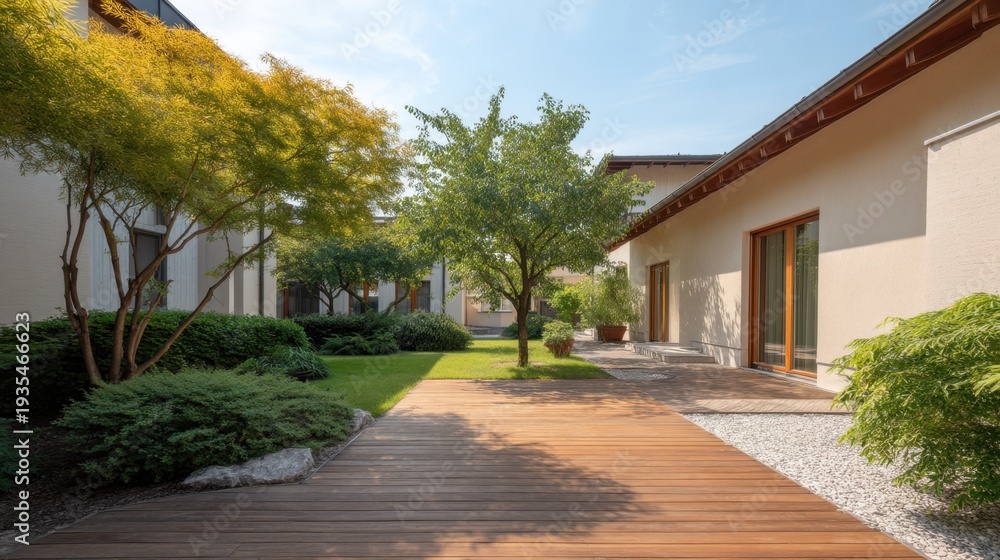 Fototapeta premium Tranquil Modern Garden with Lush Greenery and Peaceful Atmosphere in Bright Daylight