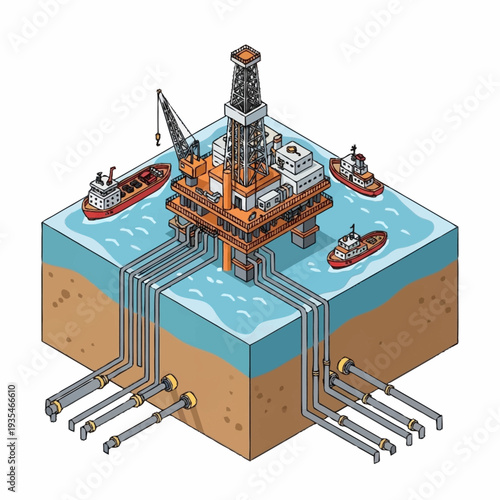 Offshore Oil Rig Platform with Supply Boats.