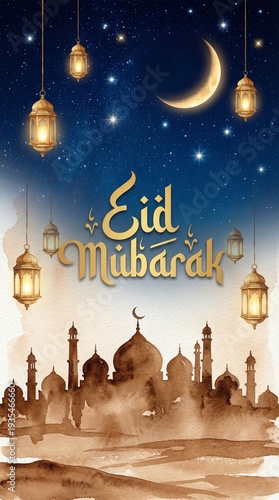 Eid Mubarak Arabic Calligraphy. Islamic Eid Fitr Adha Greeting Card design. Translated: we wish you a blessed Eid. عيدكم مبارك عيد فطر مبارك