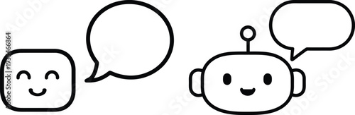 Cute robot and chatbot icon set with speech bubbles for AI customer support and online messaging. Artificial intelligence or automated chat services.