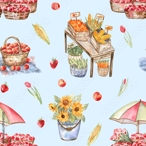 Cottagecore seamless pattern of the fruits and vegetables from the farmer's market. Watercolor hand-drawn elements on sky-blue background. Elegant summer print for home textile and wallpapers