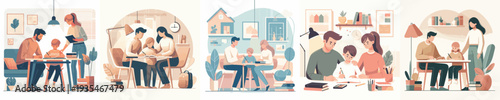Vector of Parents Teaching Kids at Home
