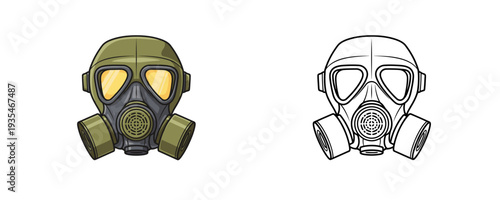 Tactical military gas mask in cartoon and linear styles with olive green and yellow colors for respiratory protection and chemical safety on white background isolated set