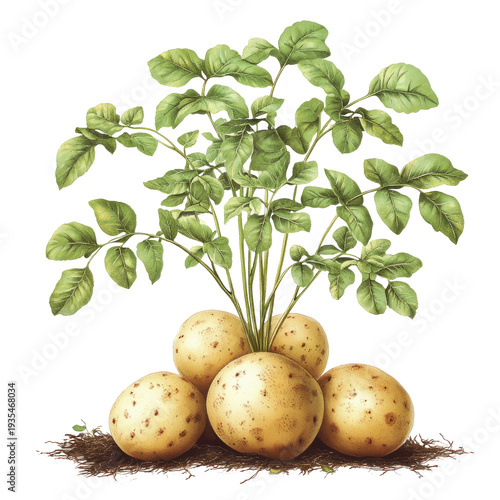 Potato Plant With Roots On White. Fresh Organic Vegetable Illustration. Healthy Food, Vegetarian Diet.
