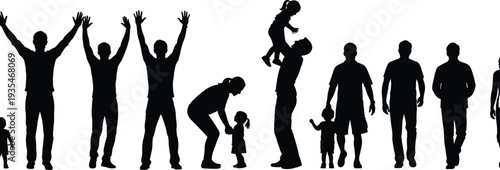 Silhouette family figures showing parenting moments, adults and children walking, playing, bonding together, isolated black shapes for family lifestyle concepts