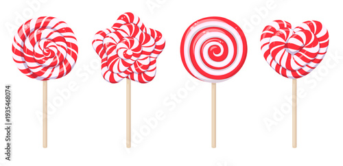 Christmas lollipops in shape of heart, circle and star on stick, peppermint candies with spiral red and white stripes and swirls. Twisted Xmas mint lollipops, vector cartoon set