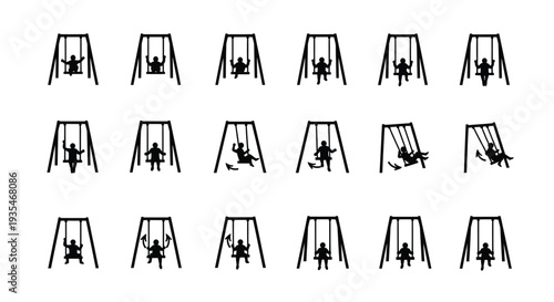 Multiple swing set icons in varying positions a minimalist silhouette