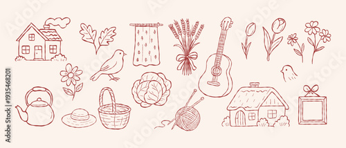 Cute cottagecore home and hobby vector set with cottage house knitting yarn acoustic guitar and garden flowers in hand drawn doodle line art style