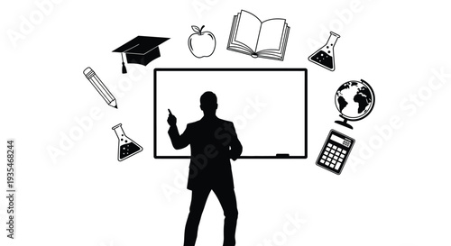 A teacher presents to a classroom with educational symbols a striking silhouette