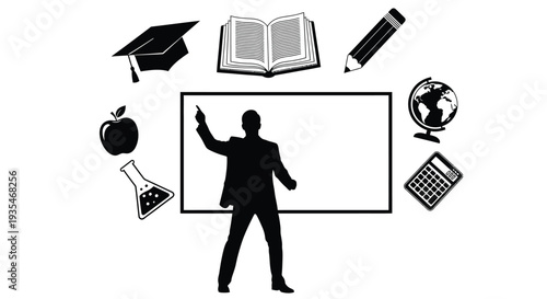 Educational icons including a teacher books and globe black silhouette