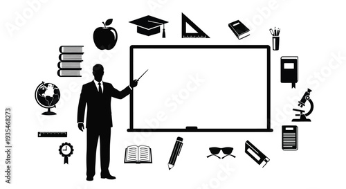 Teacher presenting to a blank whiteboard surrounded by educational symbols silhouette