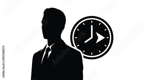 A man in a suit stands with a clock emphasizing time management silhouette