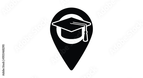 Graduation cap icon within a location pin stark black and white silhouette