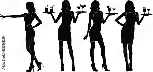 Silhouette female waitresses holding drink trays in elegant poses, isolated black figures representing service, hospitality, beverage serving, bar and restaurant work