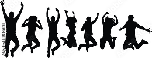 Silhouette group of people jumping in energetic celebration poses, isolated black figures showing joy, freedom, happiness, active lifestyle movement